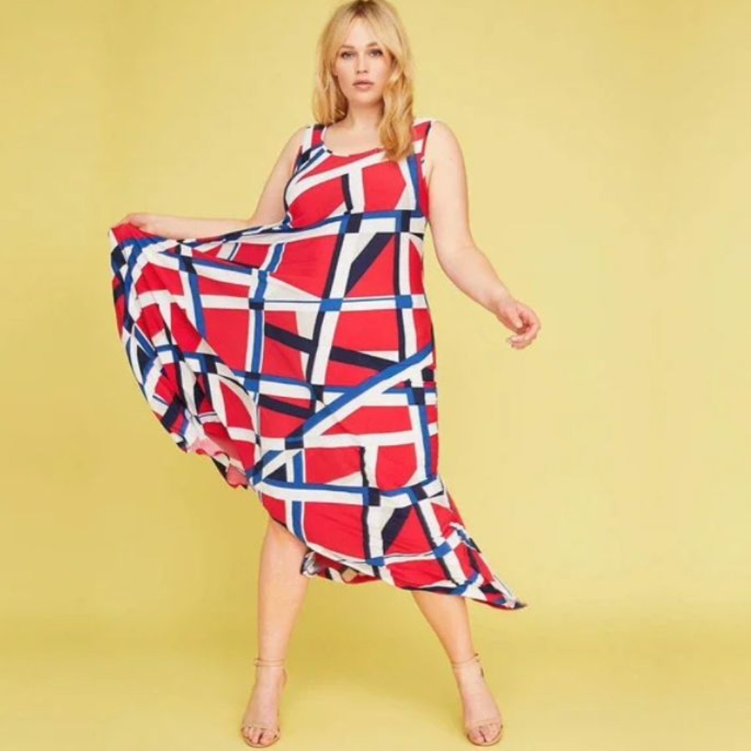 Lane Bryant High Low Stretch Jersey Maxi Dress Sz 22/24 Red White Blue Geometric
