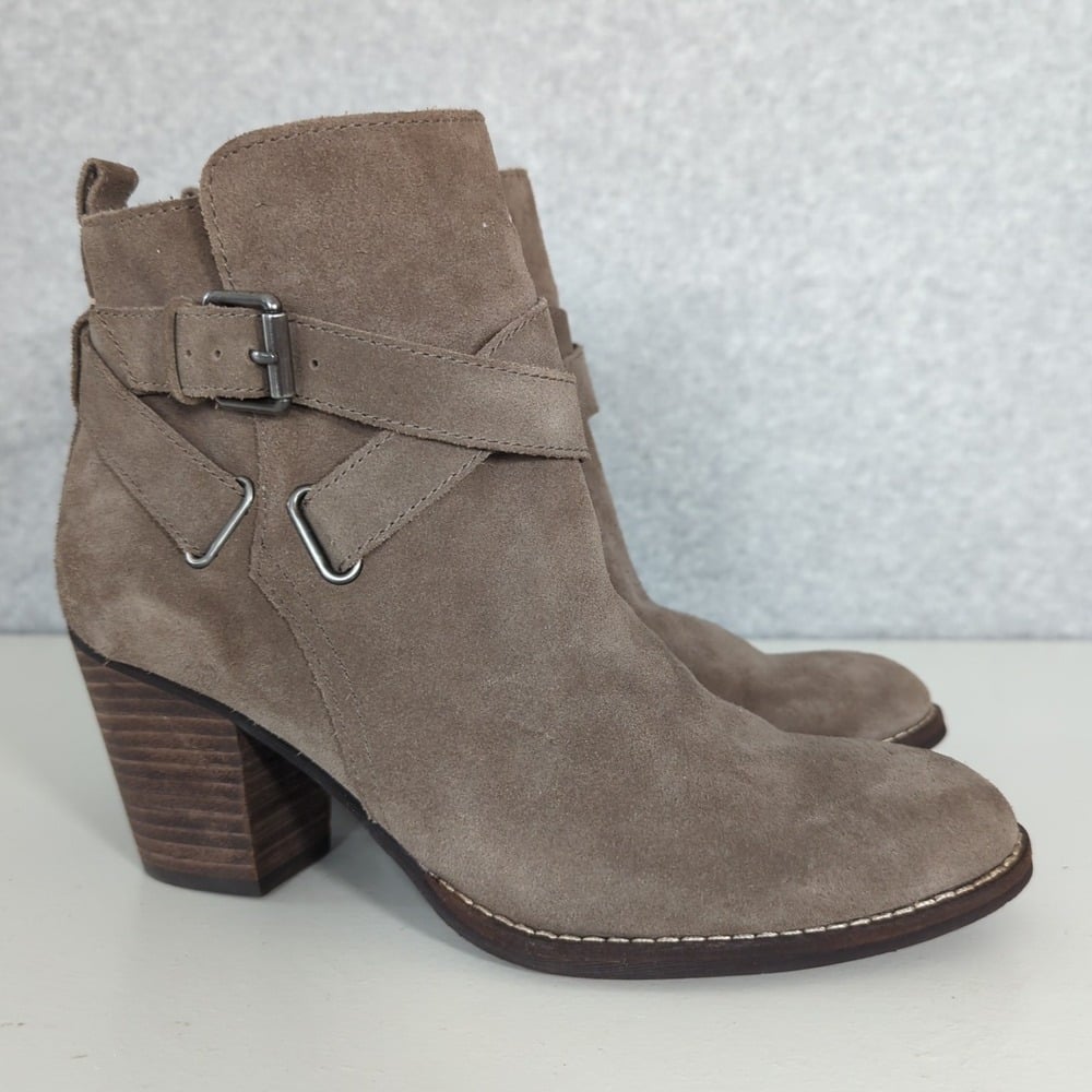 Sam Edelman Morris Grayish Brown Suede Block Heel Zip Ankle Boots 8 Buckle