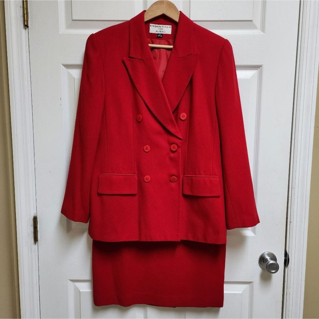 Essentials ASL Skirt Suit Blazer Women 12 Red Double Breasted Fully Lined Career