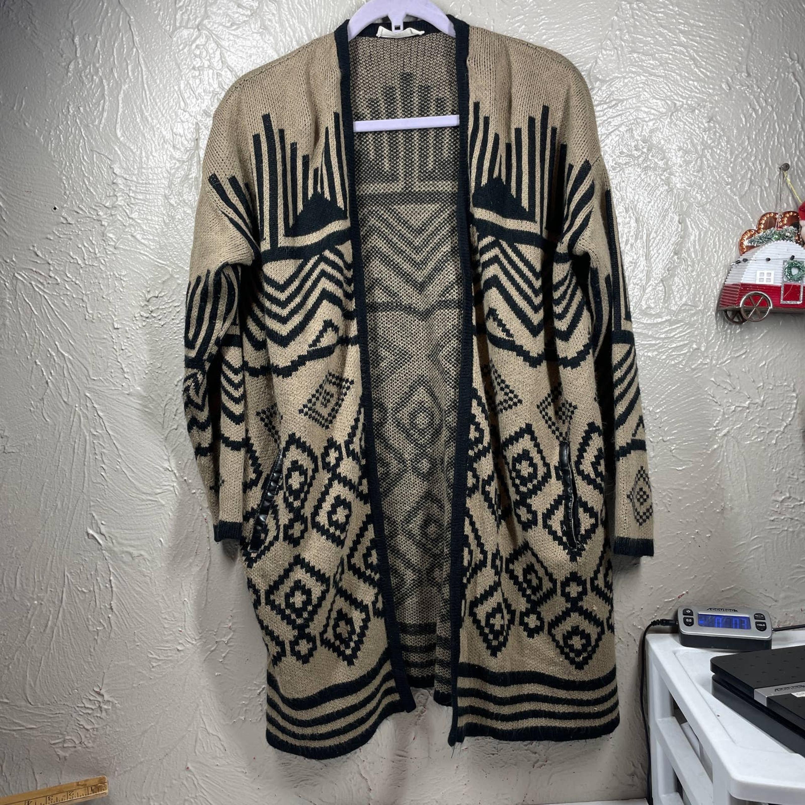 Elodie Womens knit Sweater Cardigan Duster Aztec Tribal Pockets Size L Mohair