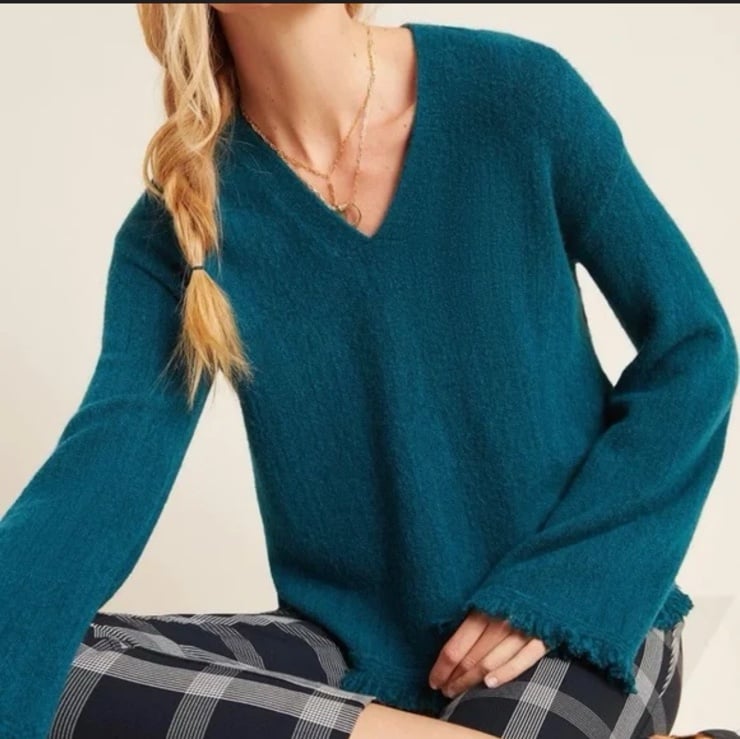 Anthropologie Joy Teal Wool Blend Fringe Sweater