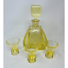 Josef Riedel Art Deco 1930s Yellow Etched Decanter Bar Set Bohemian Glass Czech