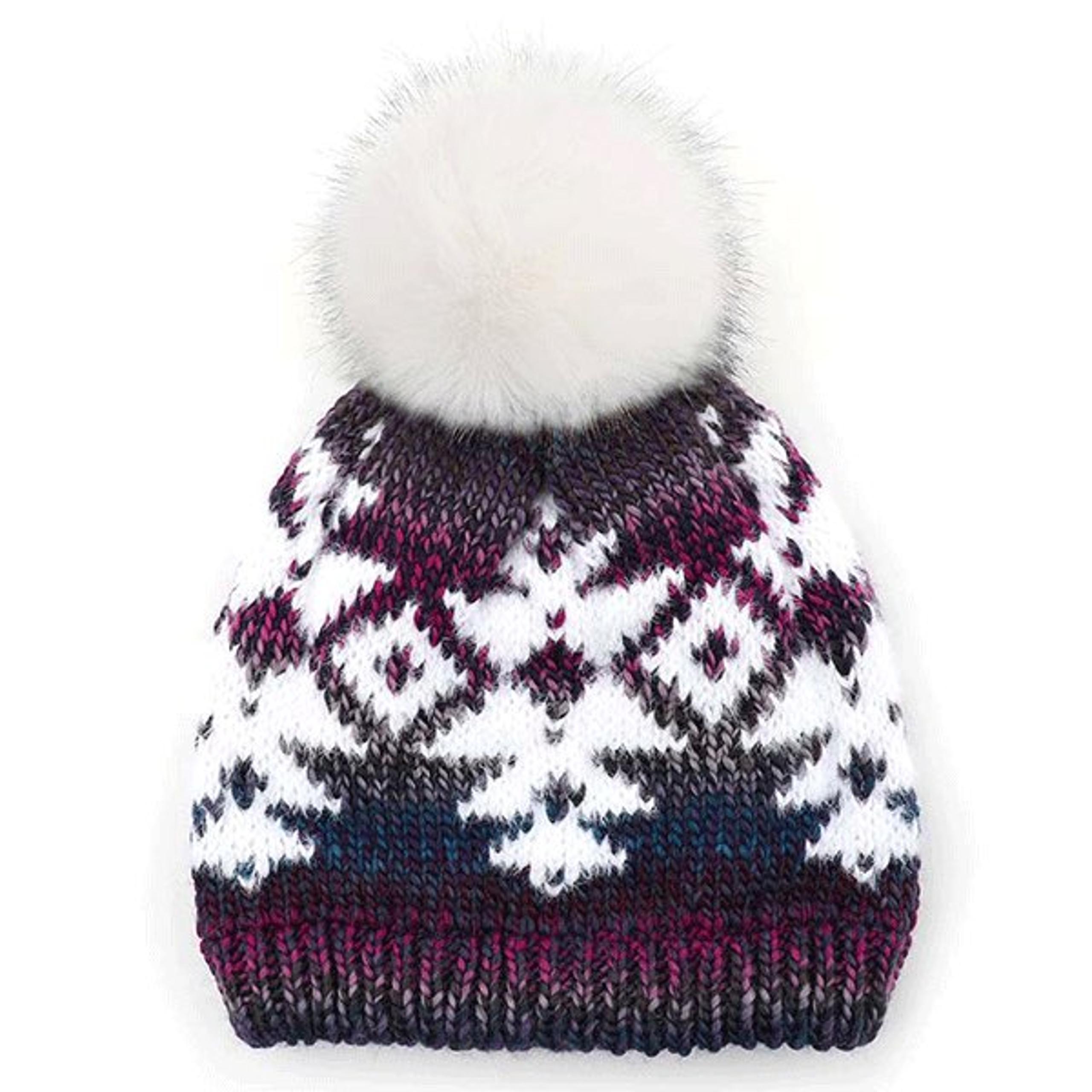 Aztec pattern ombre color purple accent beanie with faux fur ivory pom. - CCB Collection