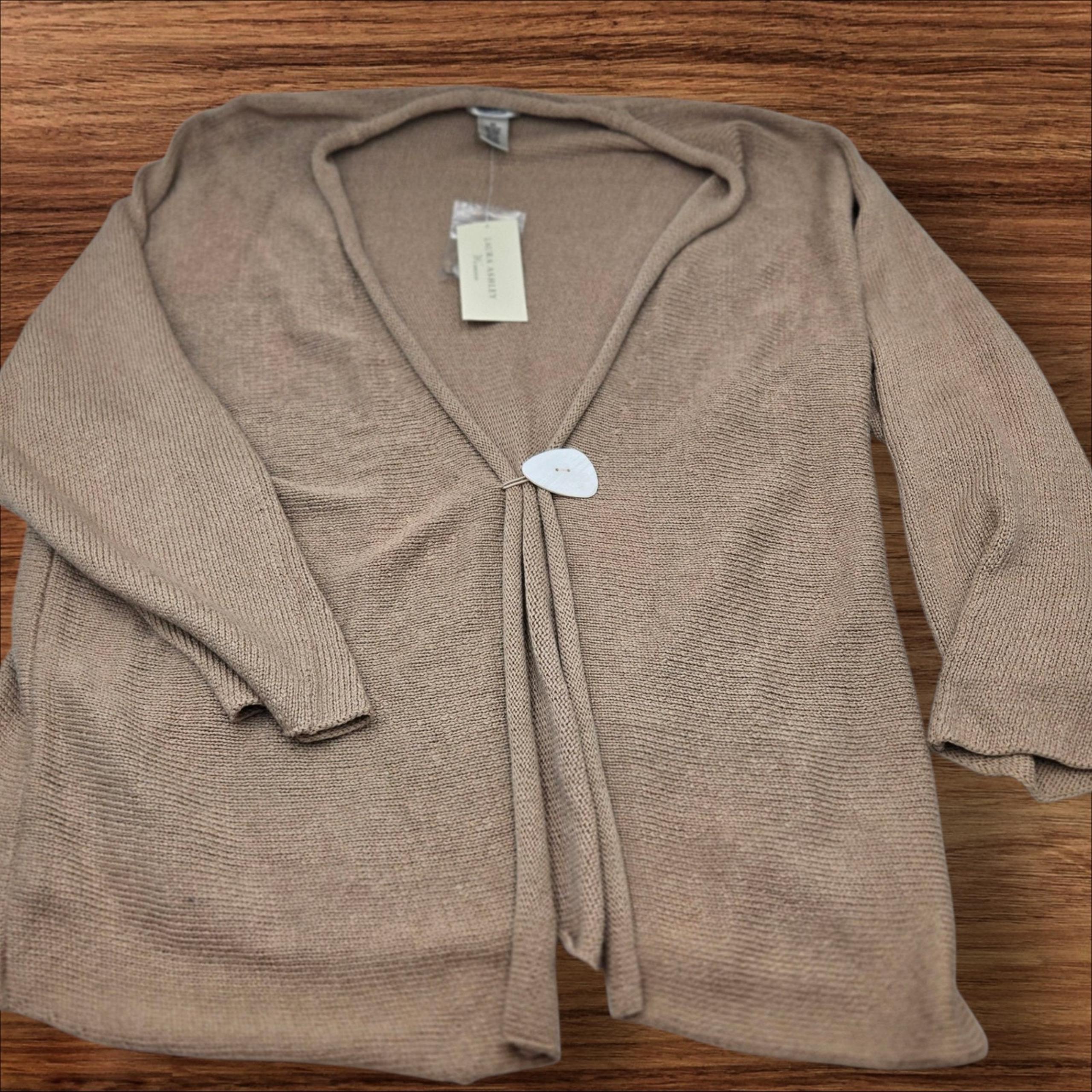 Laura Ashley Tan Beige Cardigan Sweater Mother Of Pearl Button Cotton Linen 2XL