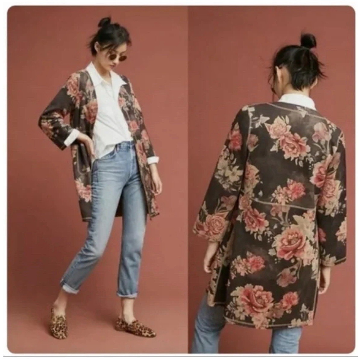 Anthropologie Solitaire Floral Duster Womens Sz 2X Brown Pink Rose Boho Western