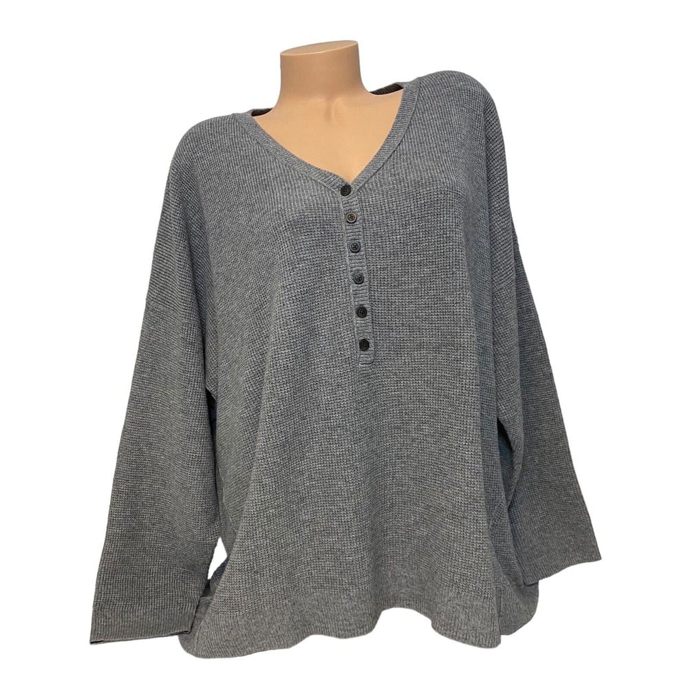 Madewell Women's 2X Plus Gray Knit Sweater 1/2 Button V-neck Pullover Wool Blend