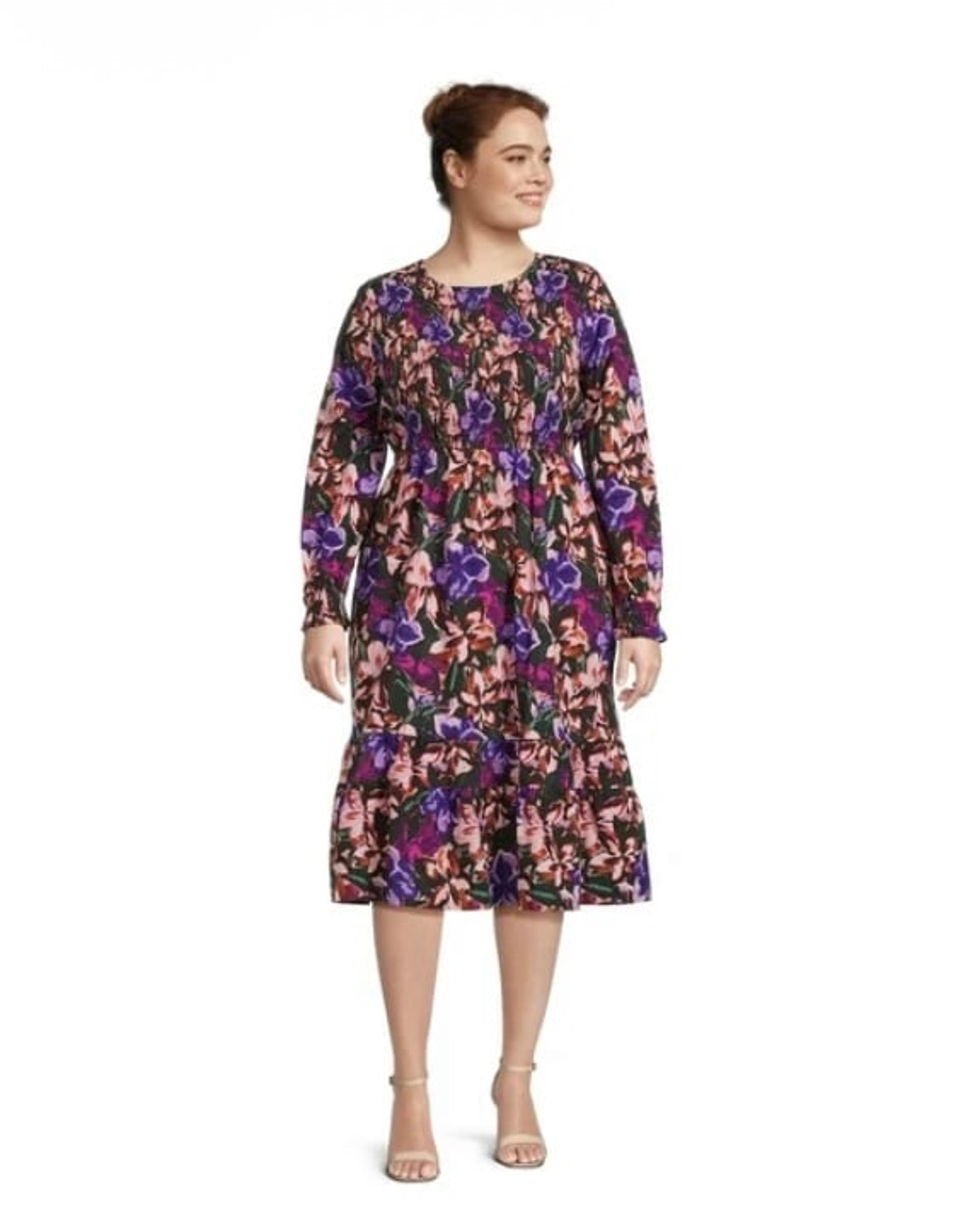 SIZE 3X Terra & Sky Women's Plus Size Tiered Peasant Midi Dress Violet Mulberry