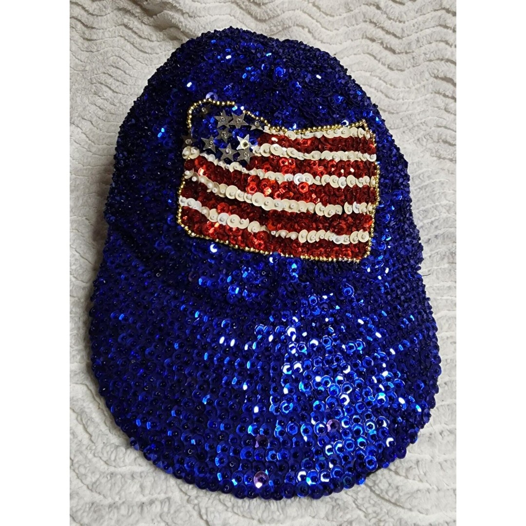 JC Woman’s Embroidered SEQUINS Beaded American FLAG 4thOfJuly PATRIOTIC Hat VguC