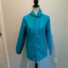 J Peterman Teal Rain Coat Jacket Hooded Snap Button Women’s size XS