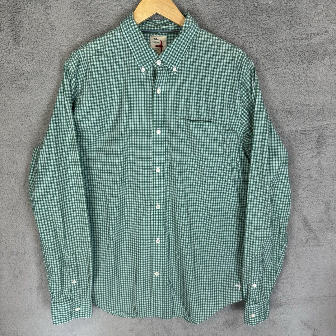 Relwen Shirt Mens XL Green Check Button Down Long Sleeve Cotton Logo