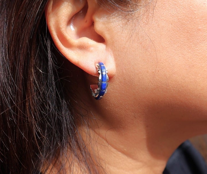 Zuni Lapis Lazuli Loop Earrings Sterling Silver Native American Handmade Jewelry