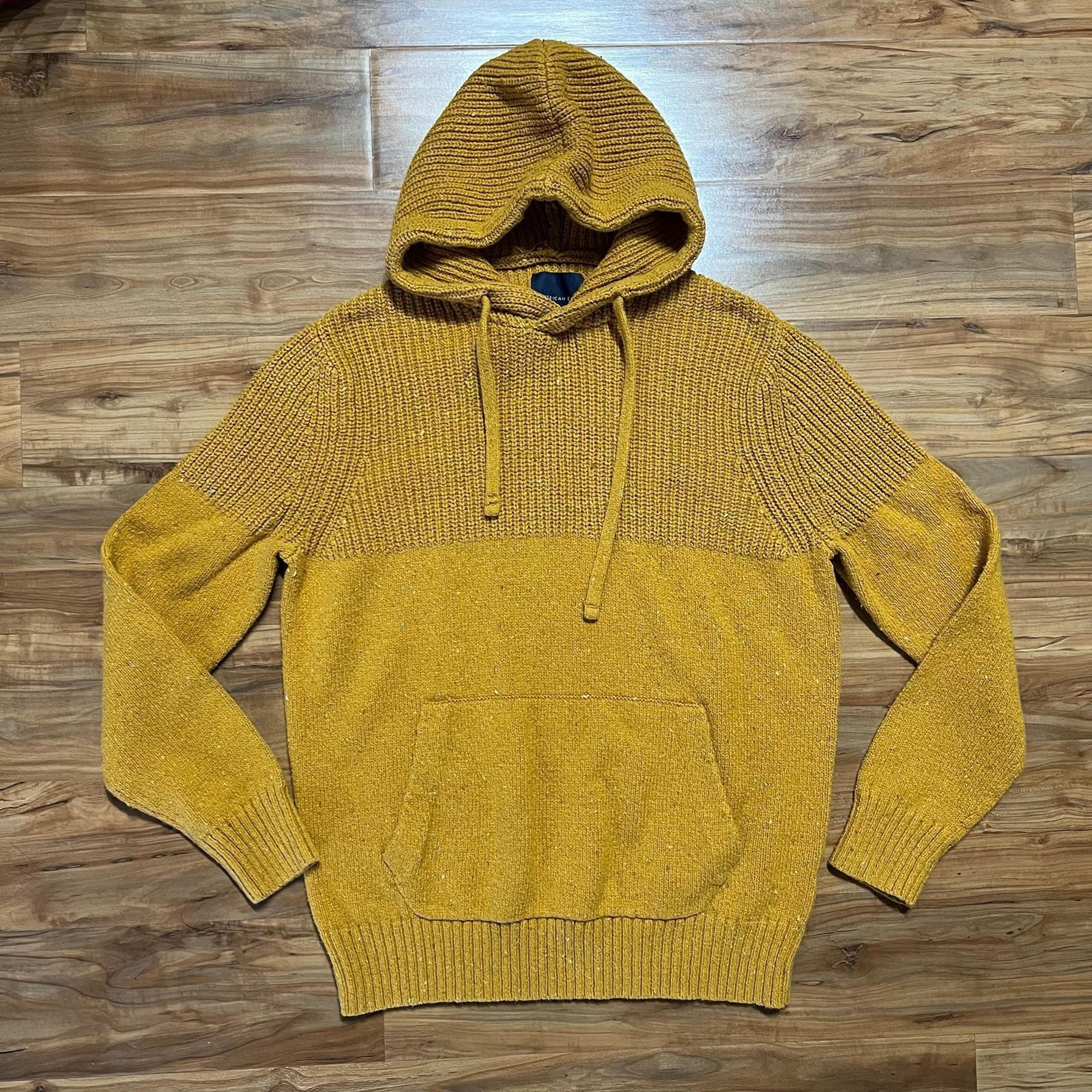 American Eagle Women's LARGE Knit Hooded Sweater Mustard Cozy