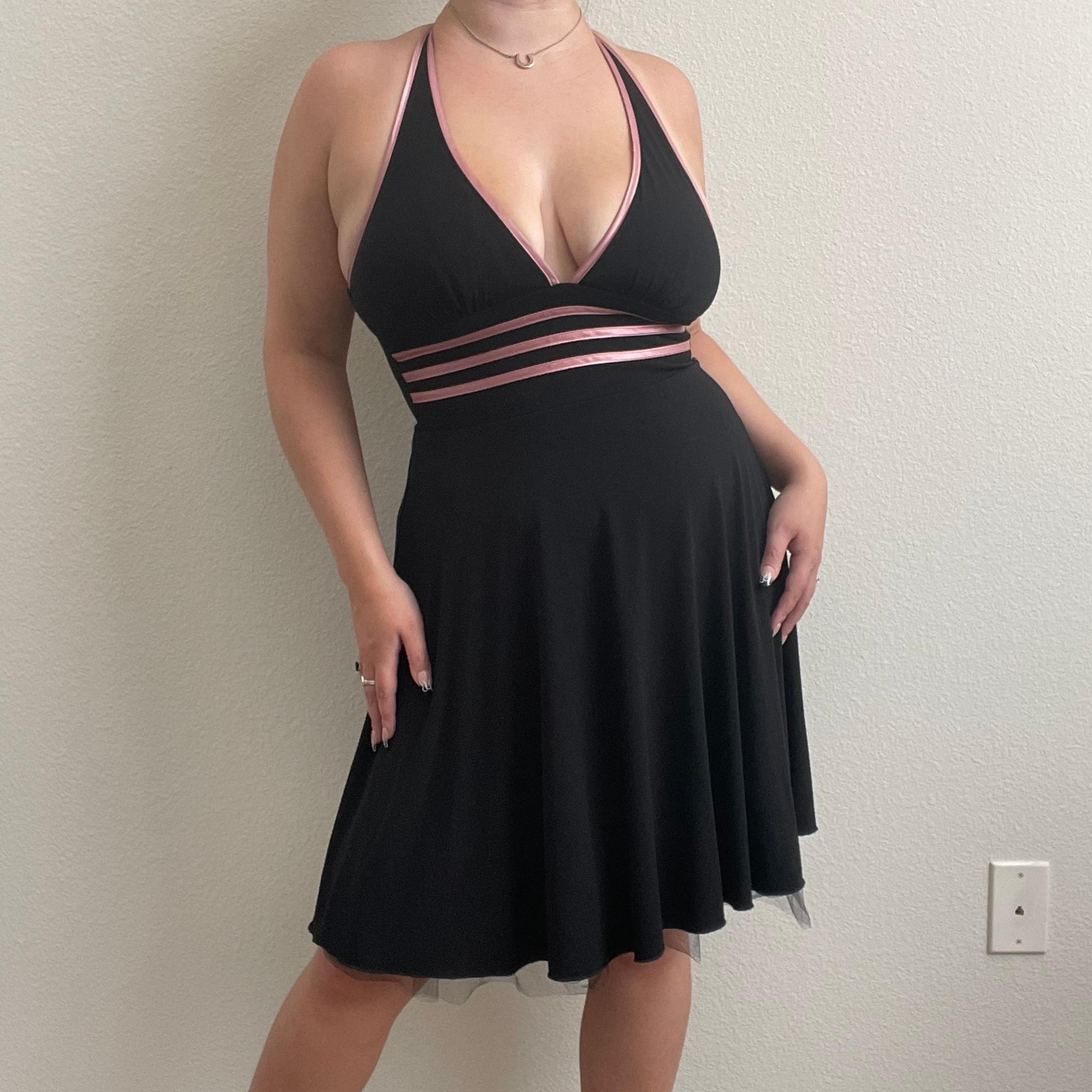 XOXO Vintage Y2K 90s Black Pink Halter V Neck Backless Flowy Skater Mini Dress