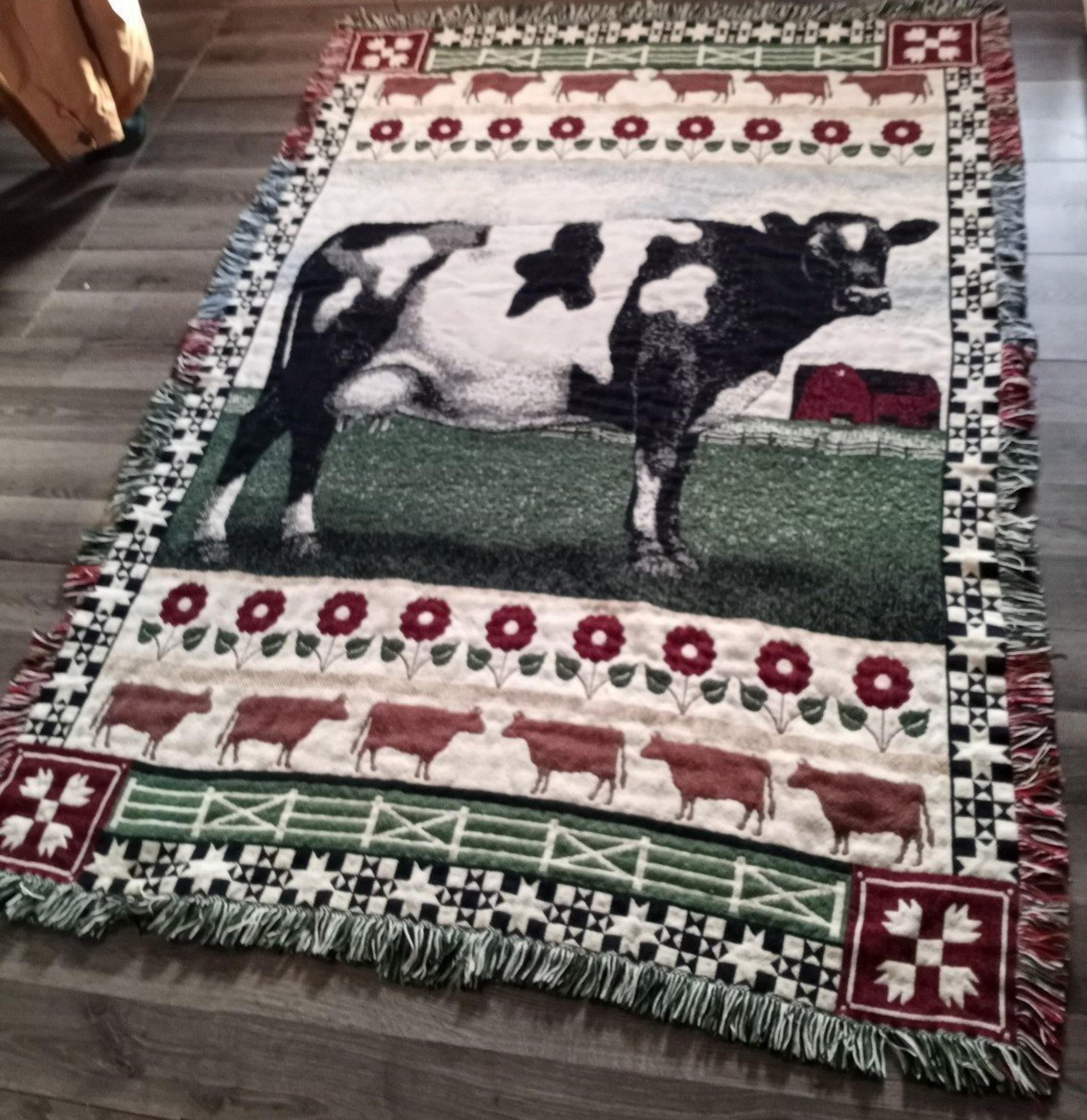 Vintage 1993 Cow Cotton Woven Tapestry Blanket by the Rug Barn