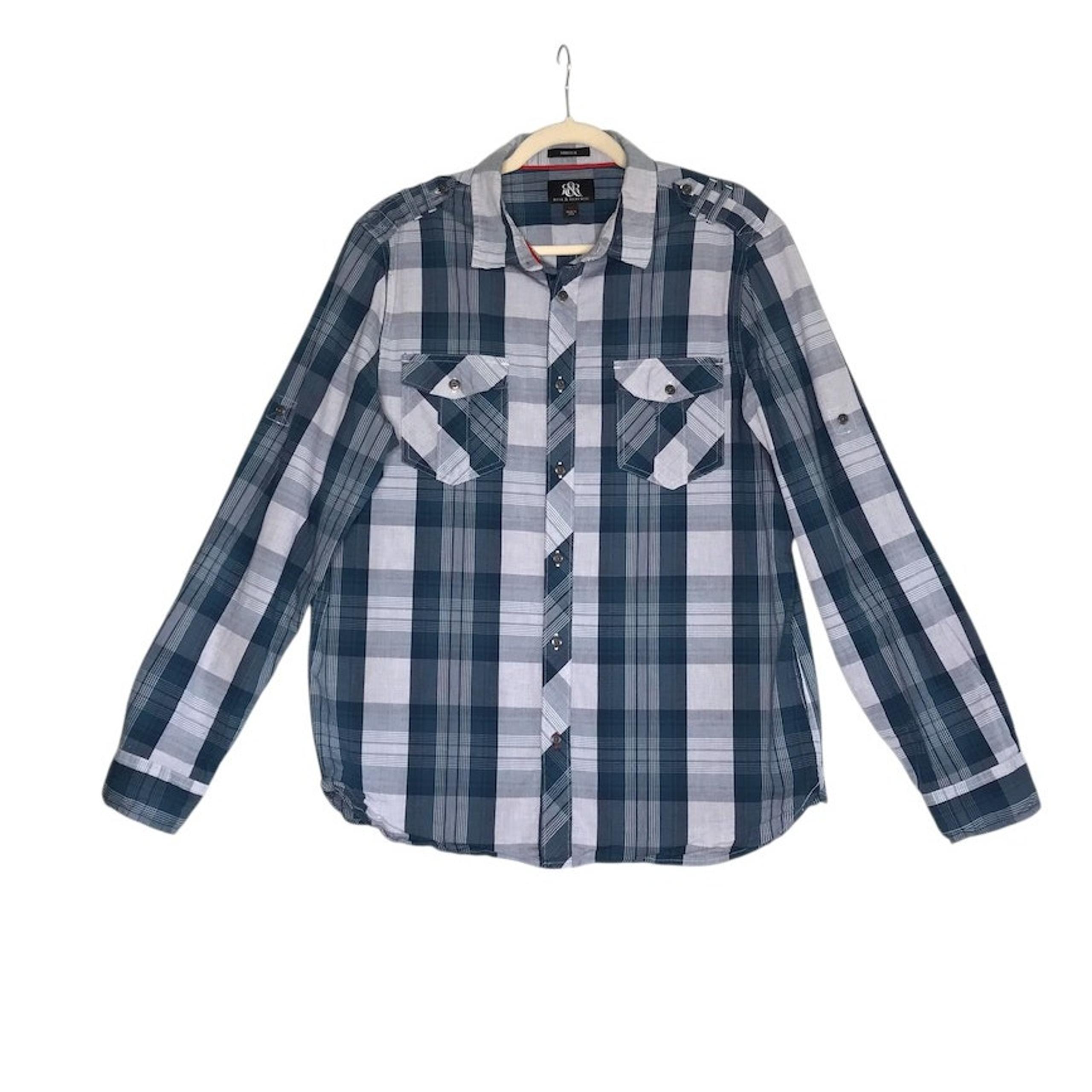 ROCK & REPUBLIC Stretch Plaid Shirt Men XL Blue/Gray LS Roll Tab Cowboy Academia