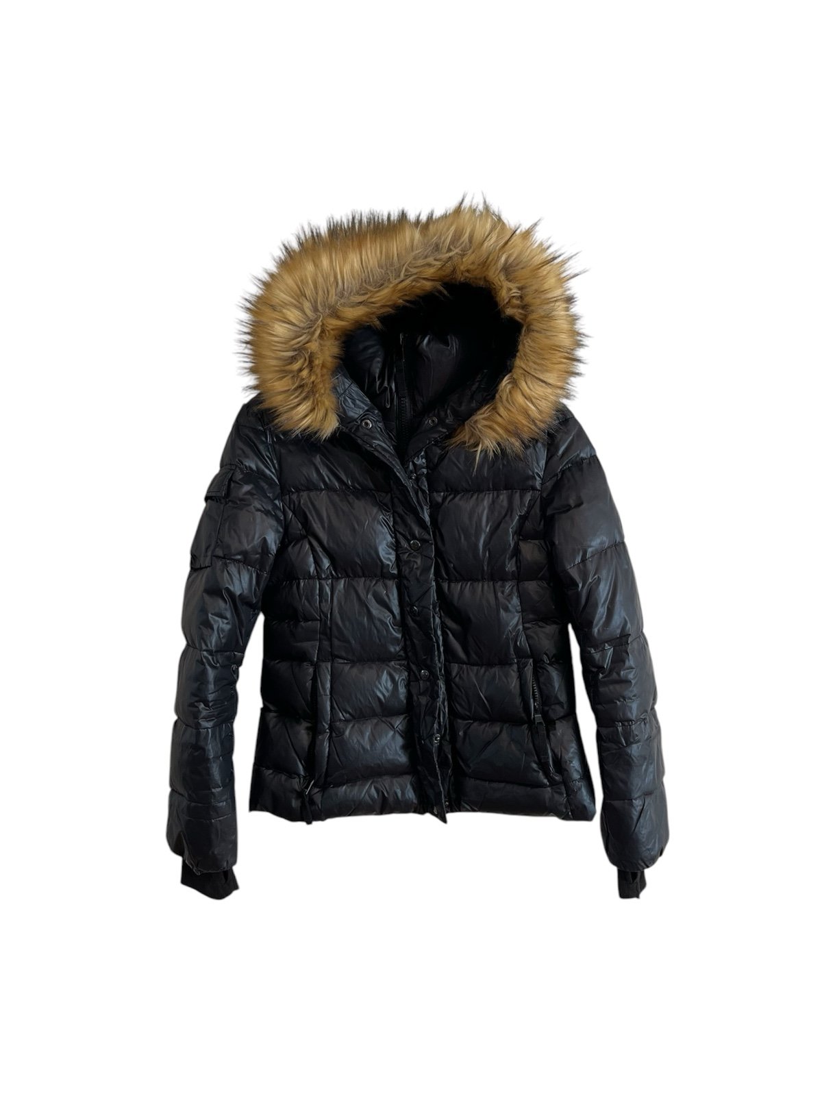 S13 Allie Down Puffer Coat Women M Faux Fur Trim Hooded Jet Black Shiny
