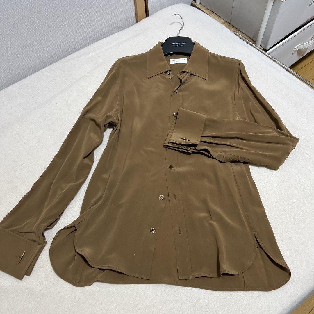 Saint Laurent Paris Unused Excellent Condition Brown Satin-like Long Sleeve Shirt