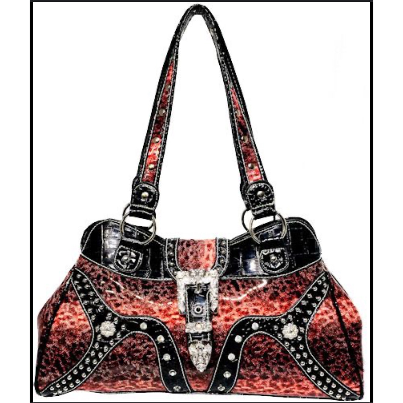 P & G Collection Faded Leopard Handbag with Rhinestone Buckle Flap NWT