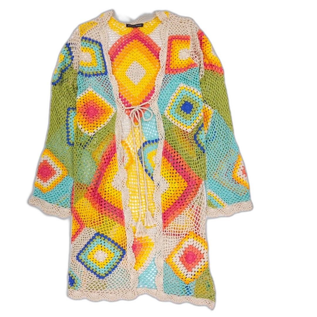BOSTON PROPER Vibrant Crochet Duster Knit 70s Grandma Boho Hippie Artsy Festival