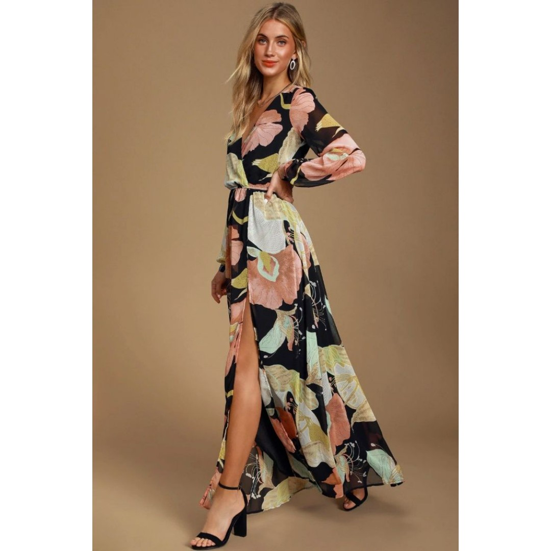 Lulus Wondrous Water Lilies Maxi Dress Women's Small Black