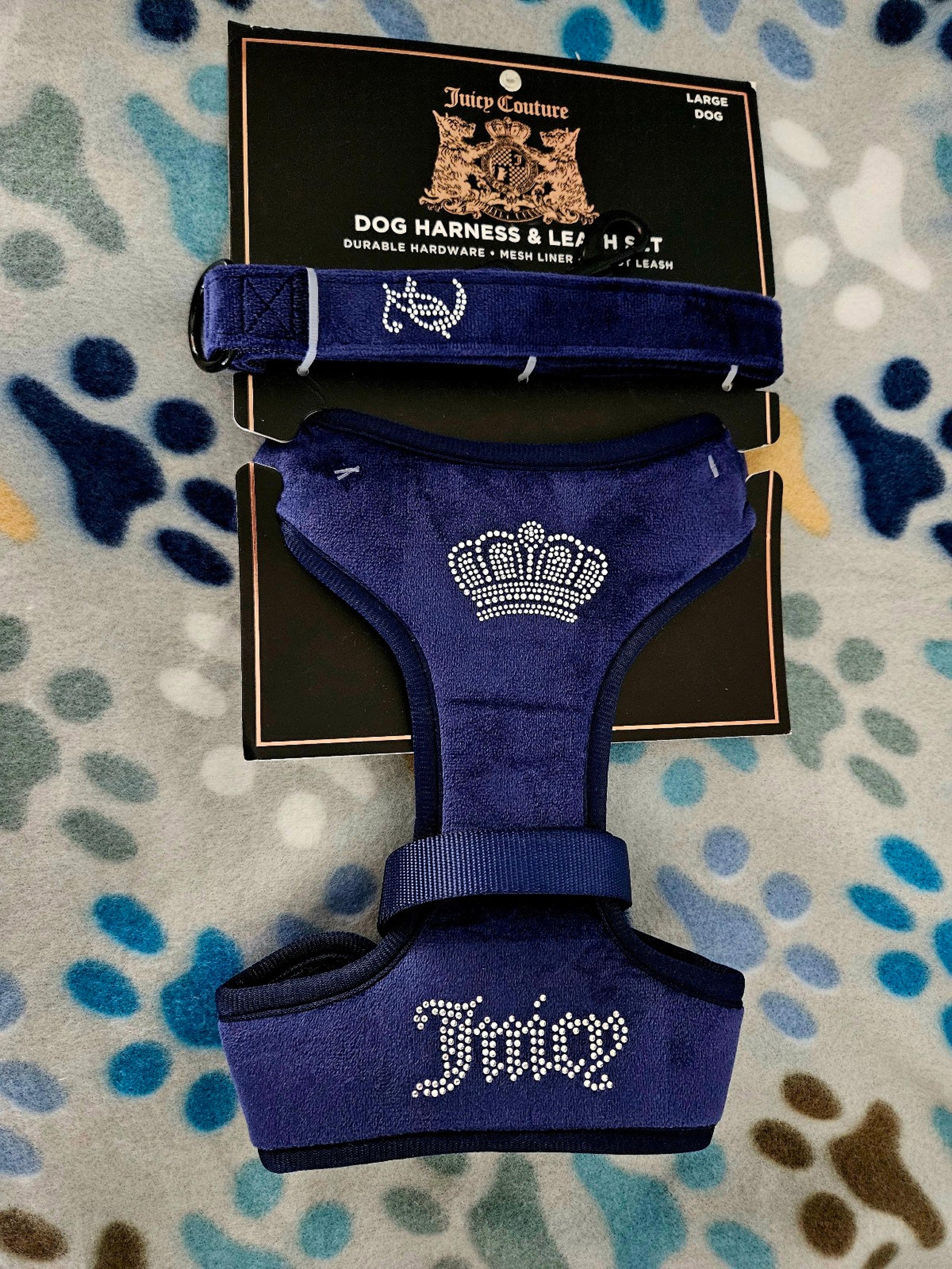 Juicy Couture Blue "velvet" Dog Harness & 6' Leash With Rhinestone Logo Large