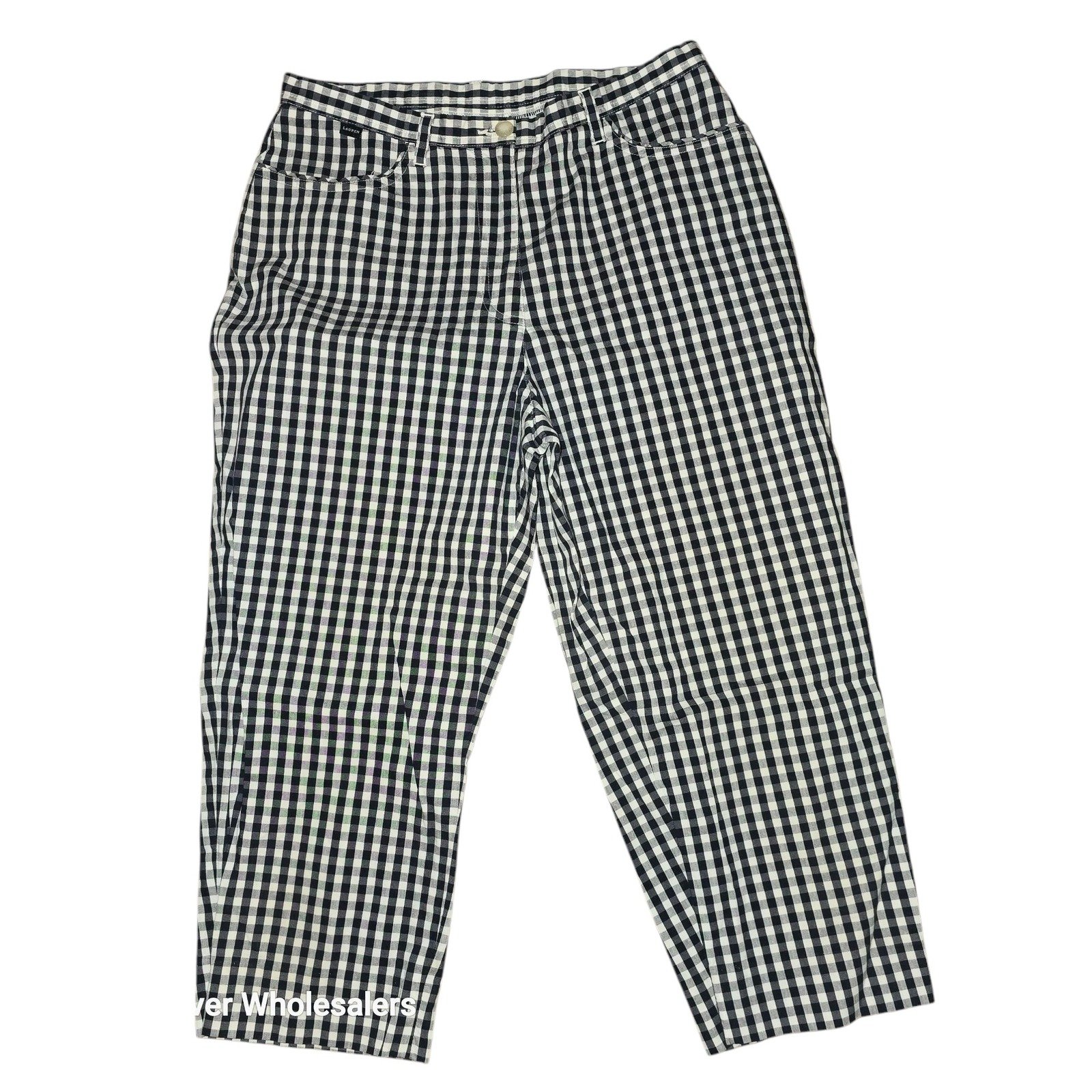 Lauren Gingham Cropped Pants High Waist Casual Career Blue White Size 12 Capri