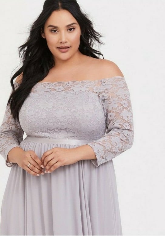 Torrid Womens Dress Sz 10 Lilac Purple/ Grey Lace Chiffon Off Shoulder Gown NEW