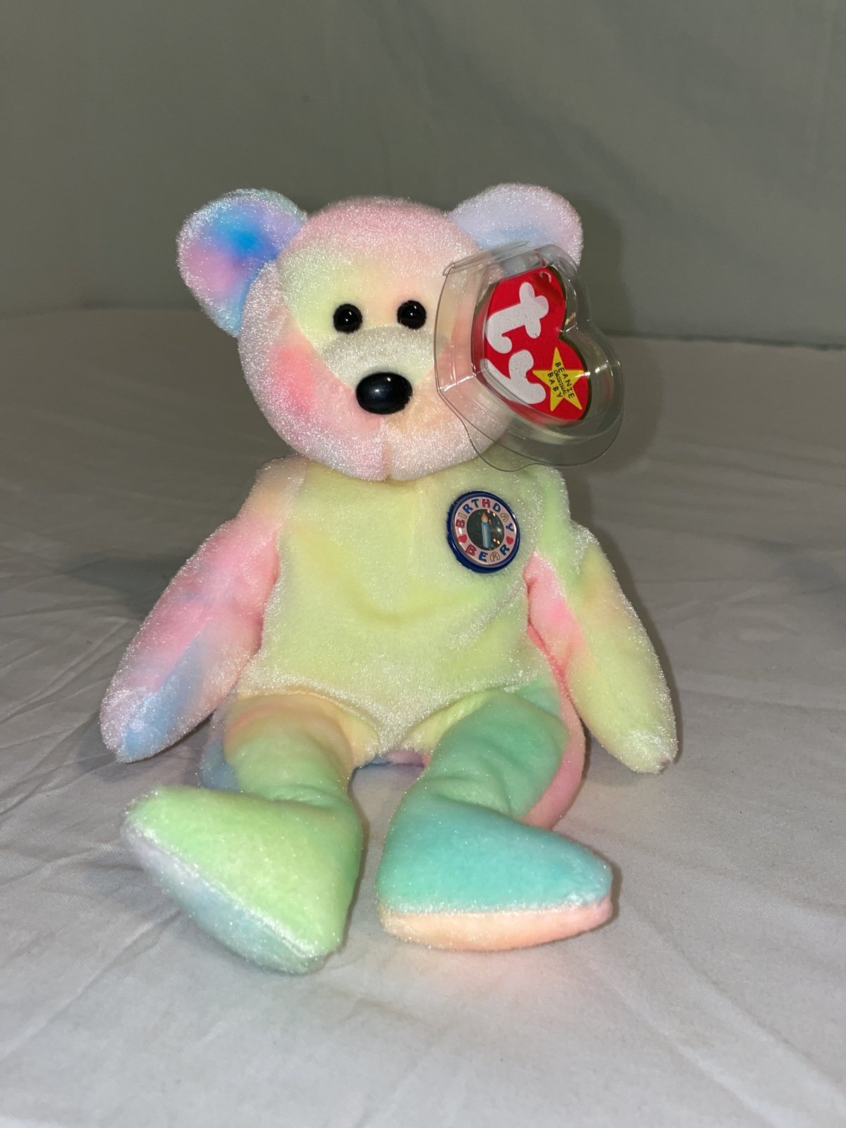 Ty 1999 Beanie - Birthday Bear - Beautiful Tie Dye Rainbow Colors - Mint - Both