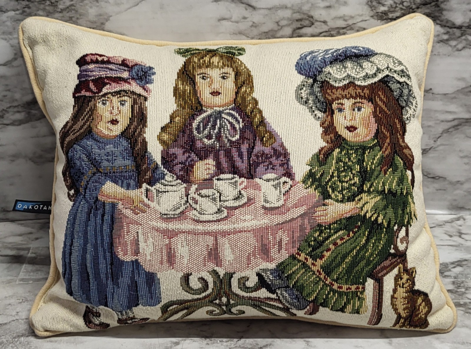 Dakotah Brand Accent Pillow. Porcelain Victorian Dolls. Tea Party. Tapestry.