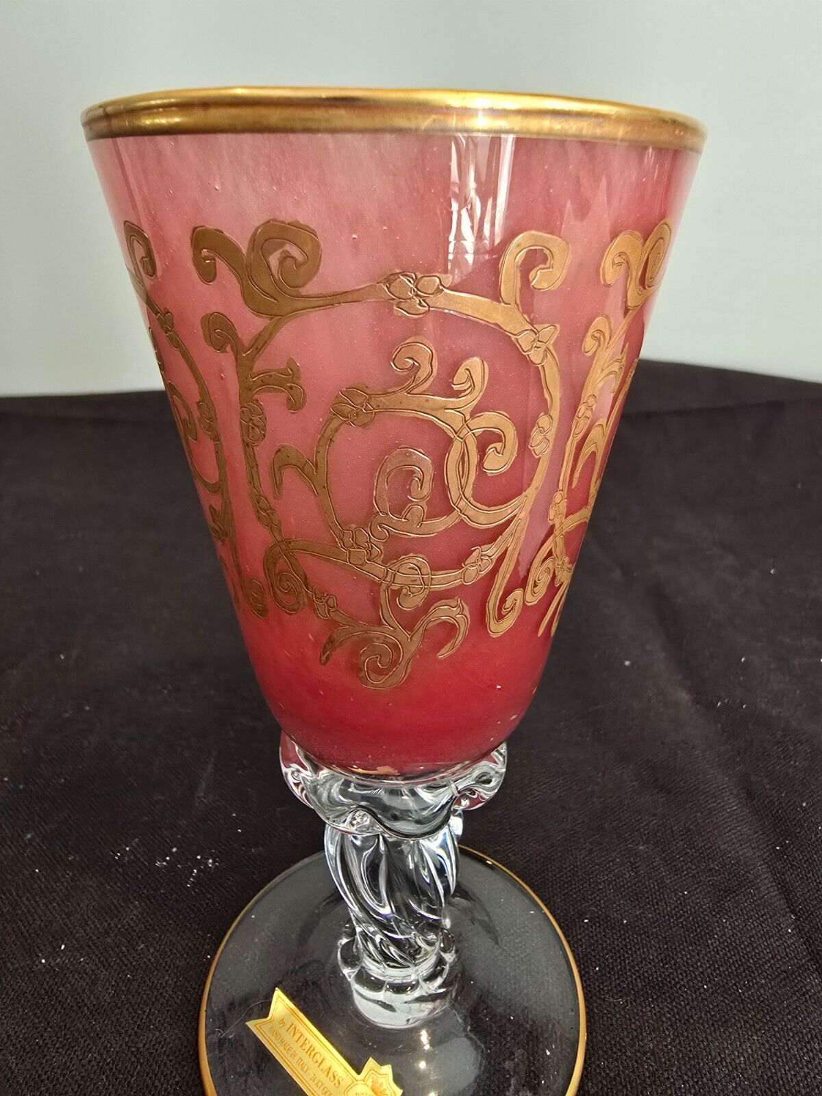 Vintage Interglass Italy Red Hand Painted 24K Gold Champagne Flute/Wine Glass