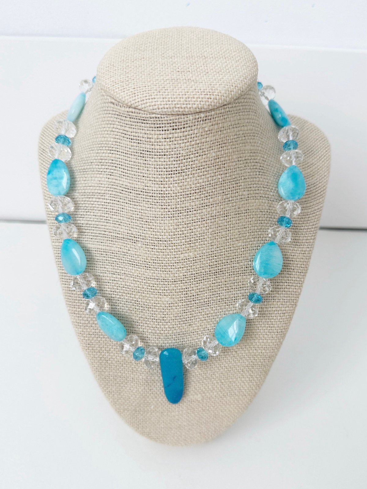 NWT Genuine Blue Jade & Czech Crystals Necklace Beaded Blue Clear