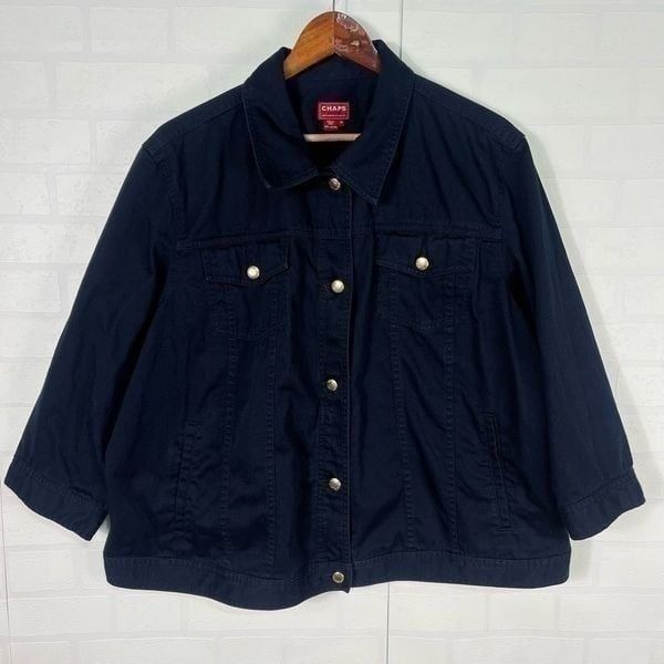 Chaps Womens Denim Jacket Size 3X Navy Blue Cotton 3/4 sleeve