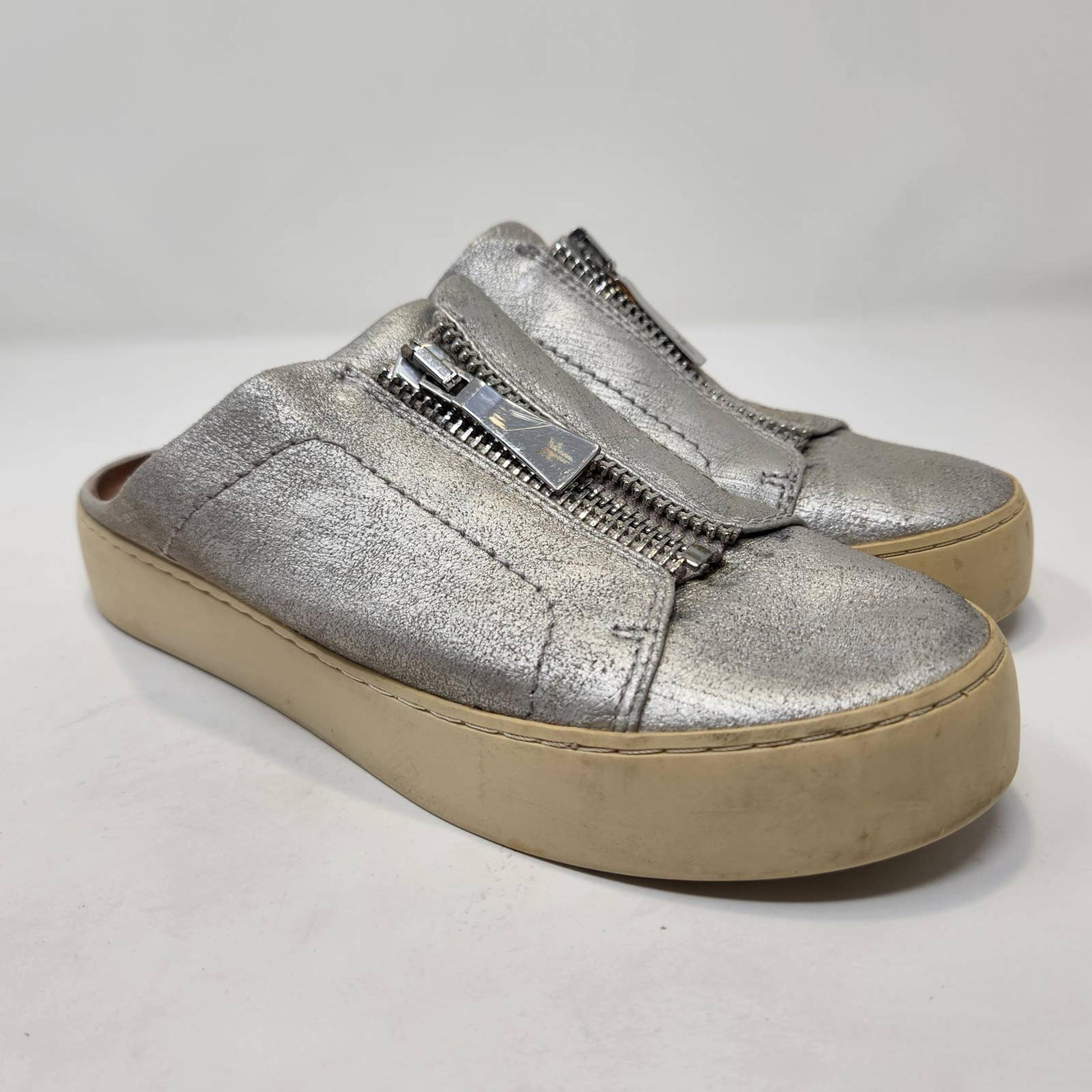 Frye Womens Lena Zip Mule Slip On Sneakers 6M Metallic Silver Leather Platform