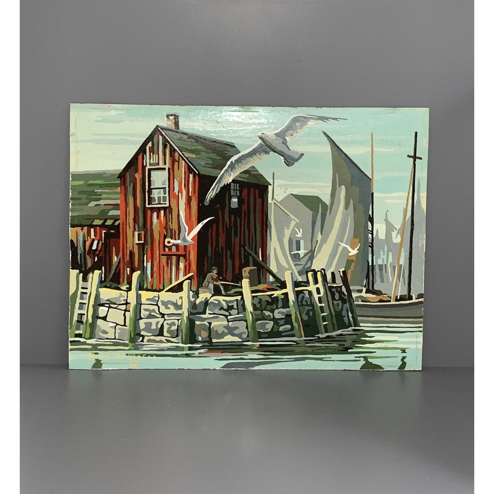 Vtg Paint By Number Harbor Scene Boats and Seagulls Nautical (Unframed) *SIGNED*