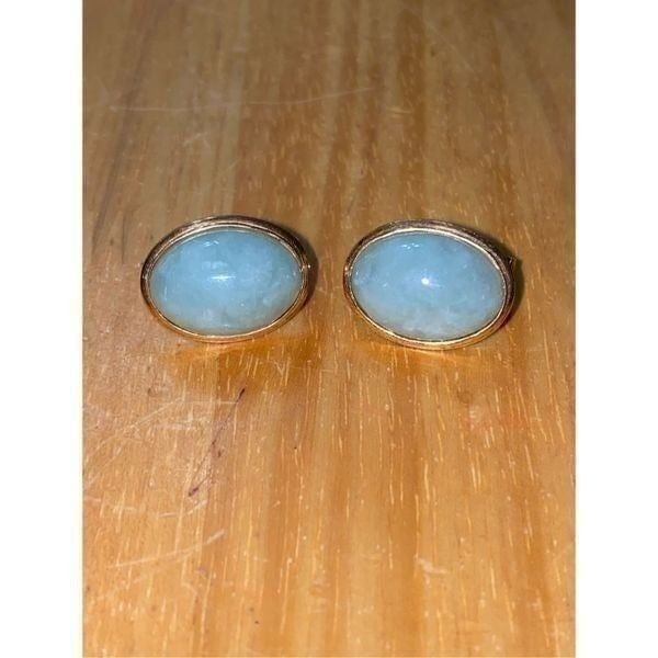 14k solid yellow gold and jade large oval clip back earrings