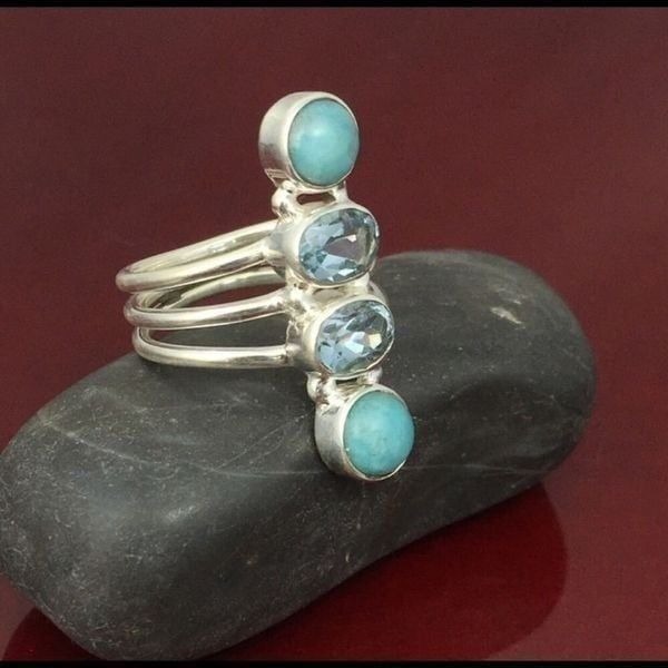 Green Peruvian Amazonite And Blue Topaz Solid Sterling Silver Ring Size 6.5