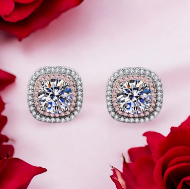 18K 925 Sterling Silver 0.5CT Heart Cut Moissanite Pink Inlaid Stud Earrings