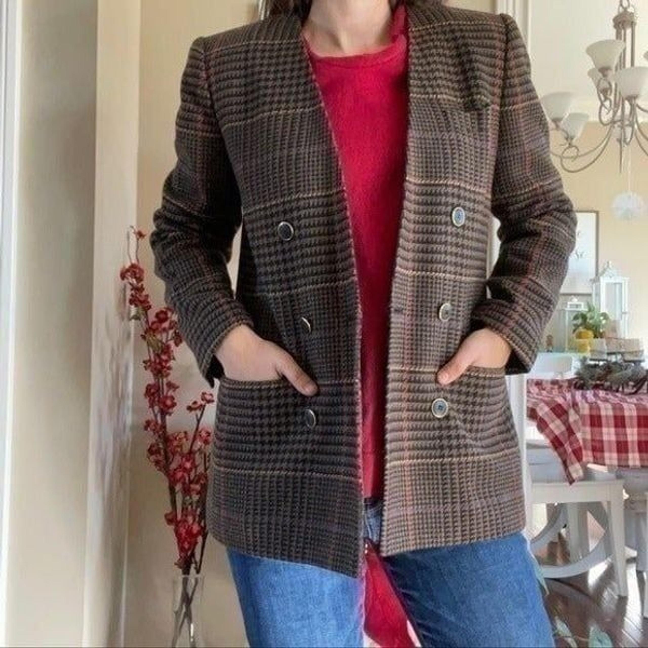 Vintage 70s Sassco Grandpa Style Brown Blazer Women Size Small Med Plaid Preppy