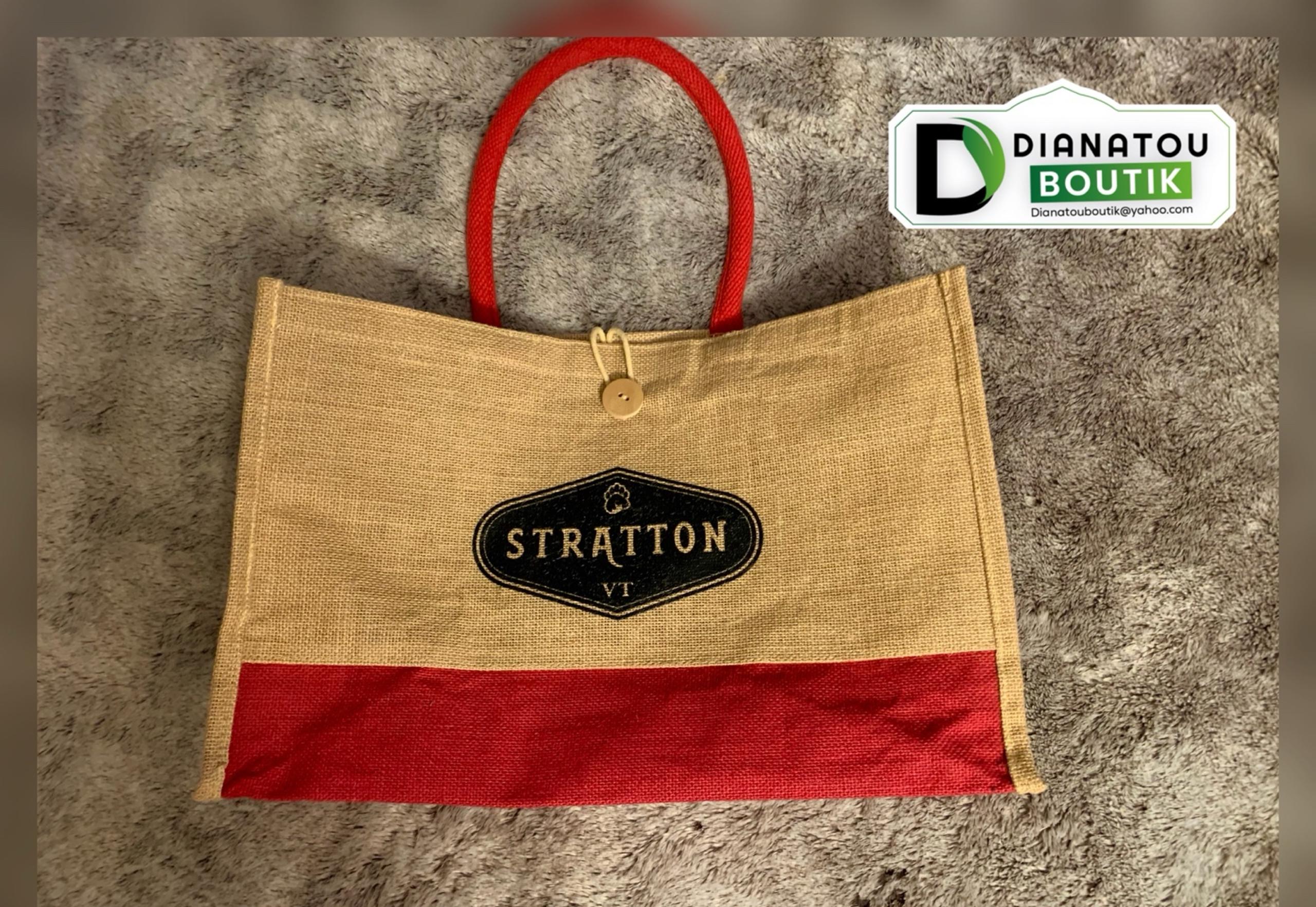 Tan Stratton VT Jute Tote Bag With Red Accents & Logo