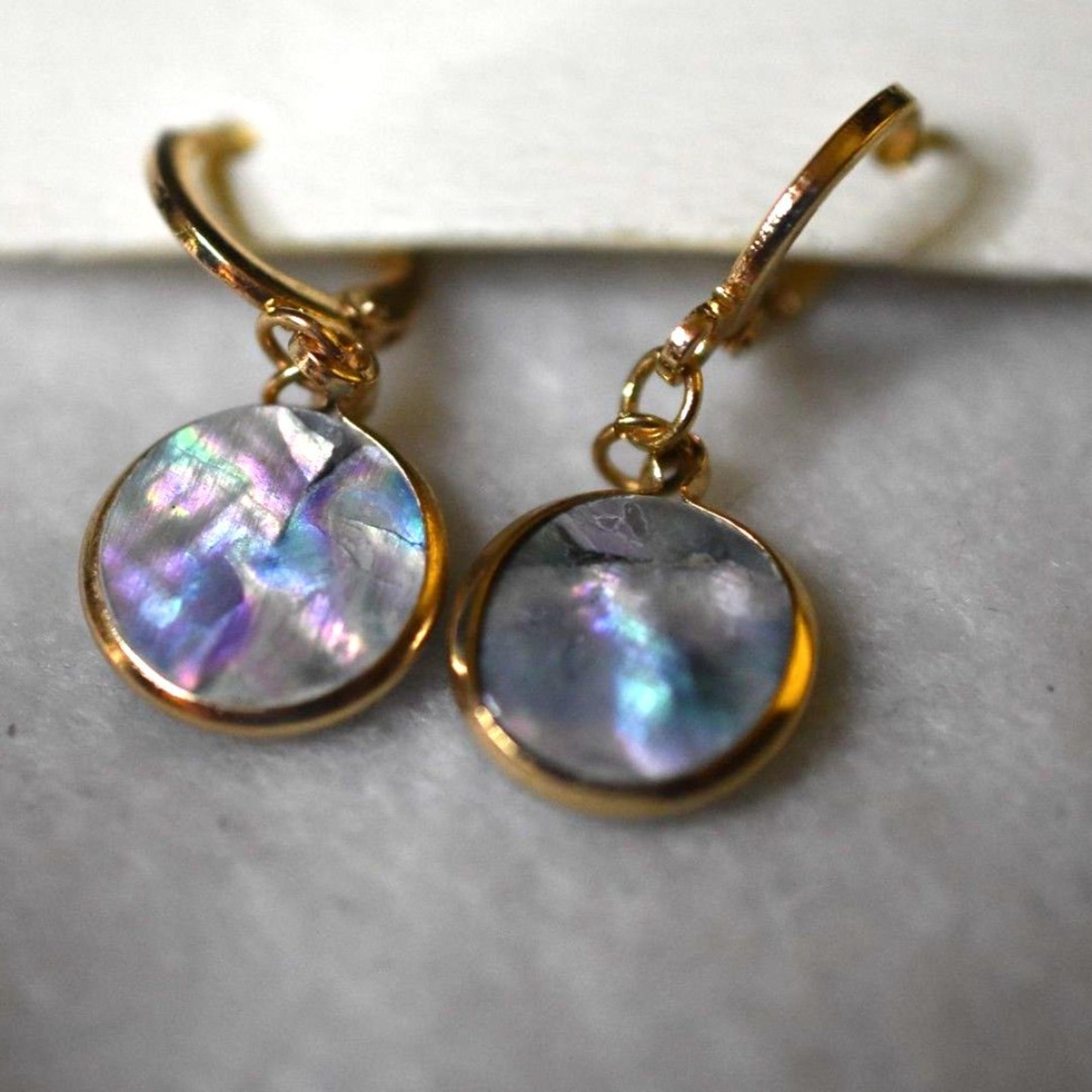 NWT World Market Gold Tone Abalone Drop/Dangle Blue/Green Spring Latch Earrings
