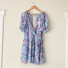 NWT For Love & Lemons Shelly Floral Lilac Ruffle Mini Dress Size Large
