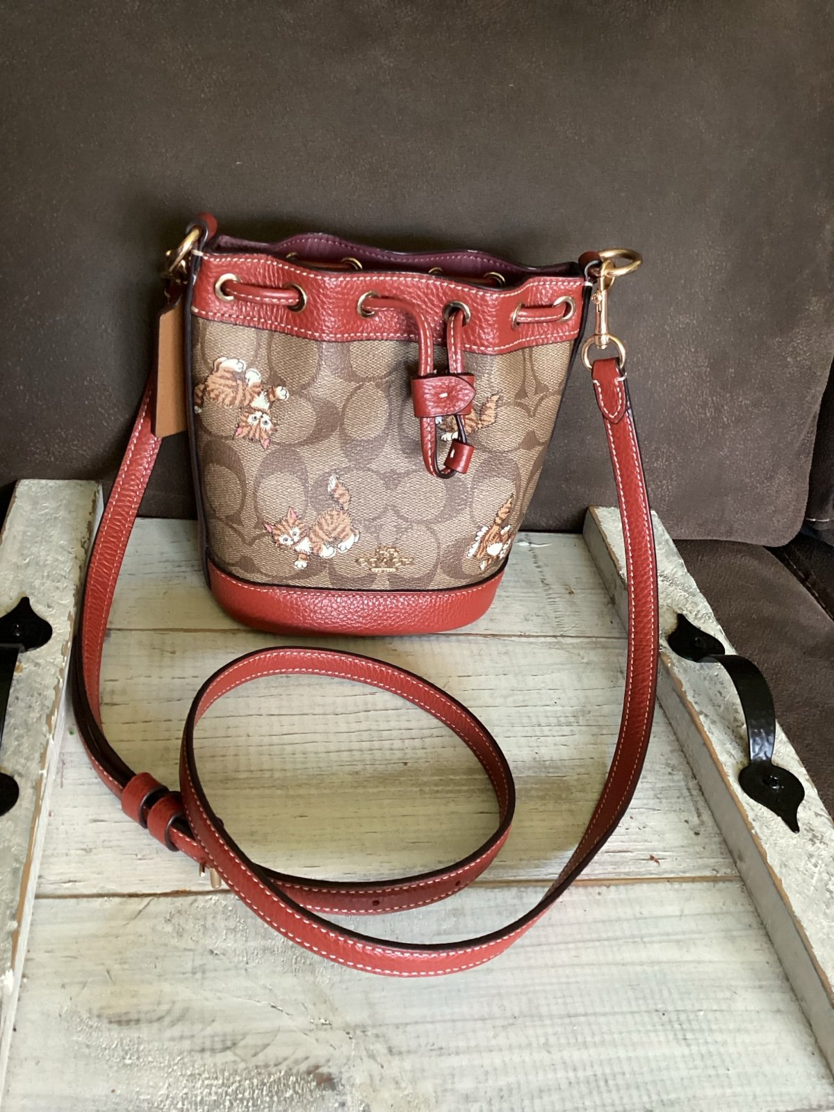 LIMITED COACH Mini Dempsey Bucket Bag Signature Canvas W/ Dancing Kitten - CC431