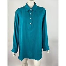 Fridaze Washable Linen Tunic Top Women 1X EUC Collared Long Sleeve Pockets Blue