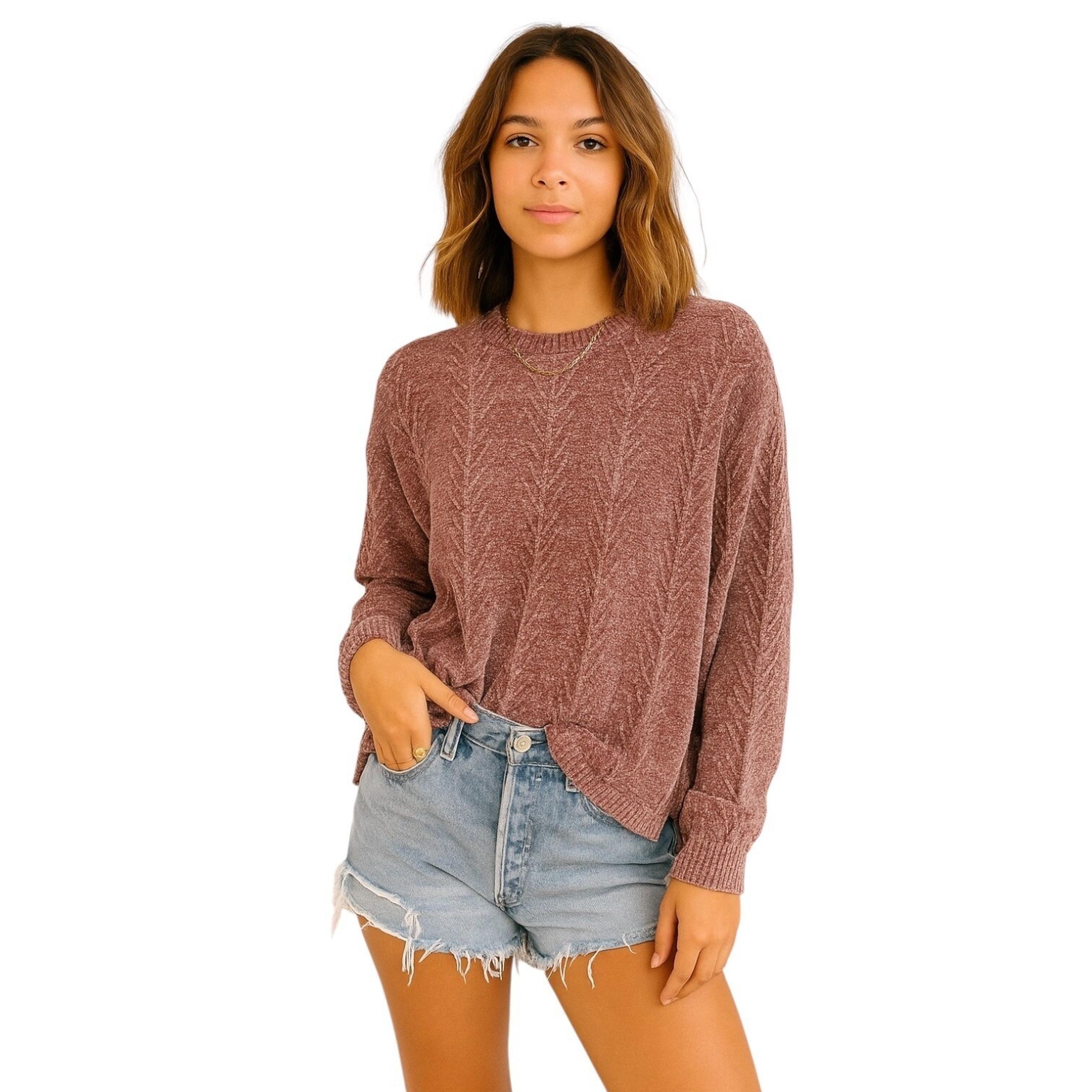 Women's Crew Neck Long Sleeve Cable Knit Sweater L Cozy Fall Minimalist Lounge