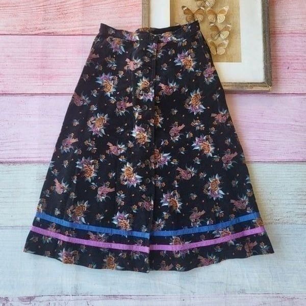 Vintage Black Floral & Bird Velvet High Waist Button Front Boho Midi Skirt XS/S