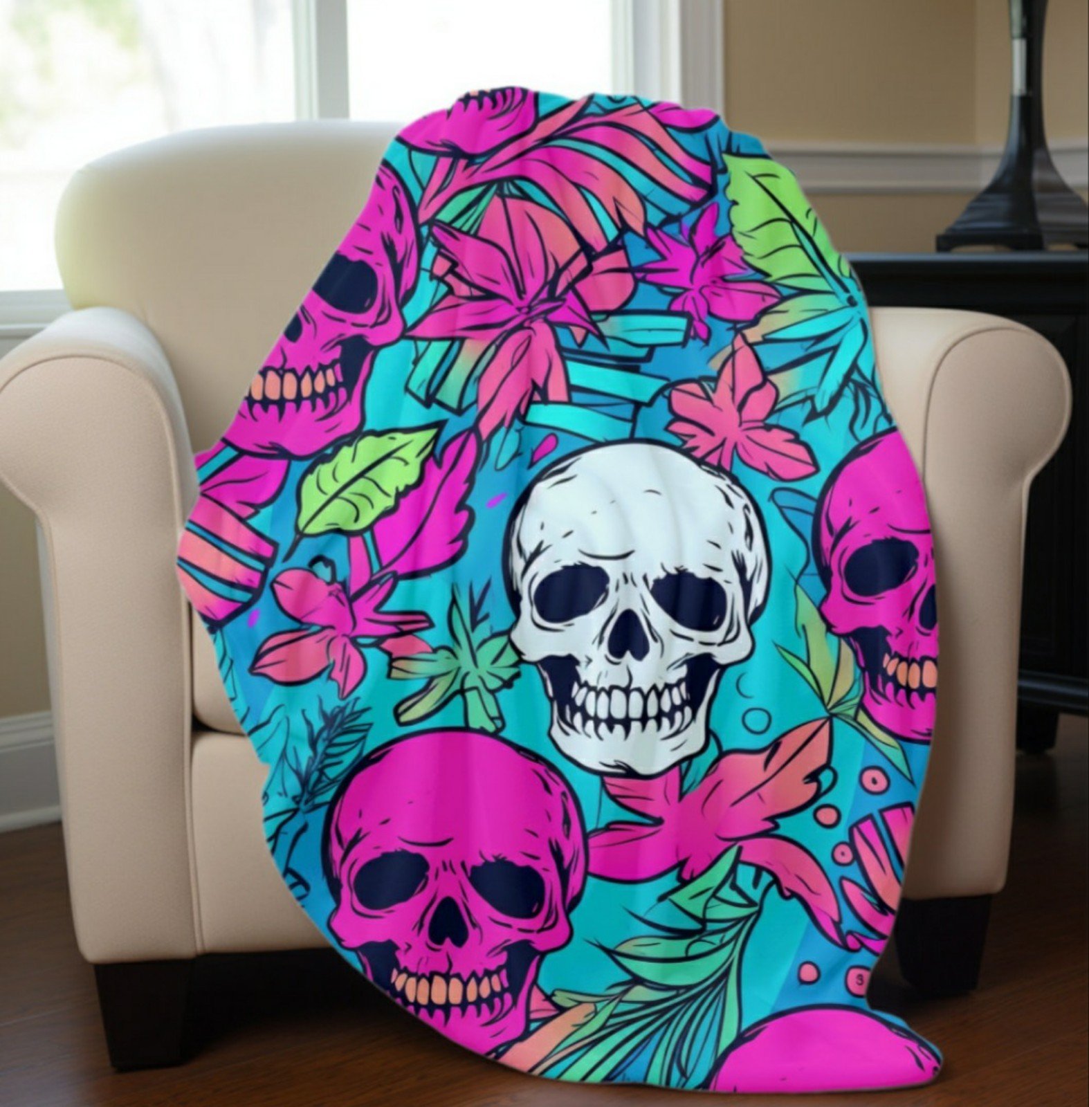 Vibrant Skull Velveteen Plush Throw Blanket, Cozy, Gift For Her, Psychedelic 90s