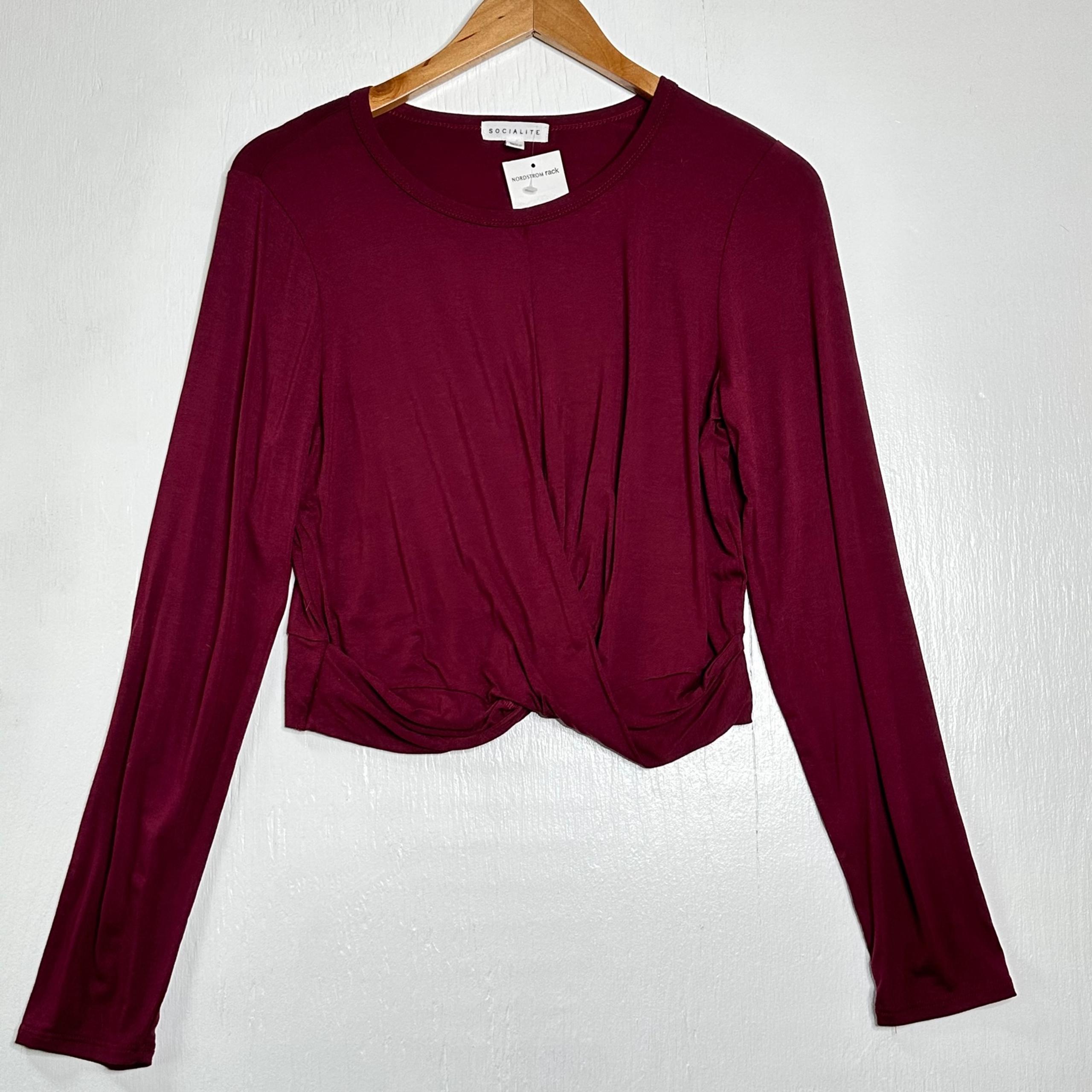 NEW Socialite Wrap Front Top Size Large Long Sleeve Jersey Knit Shirt Maroon