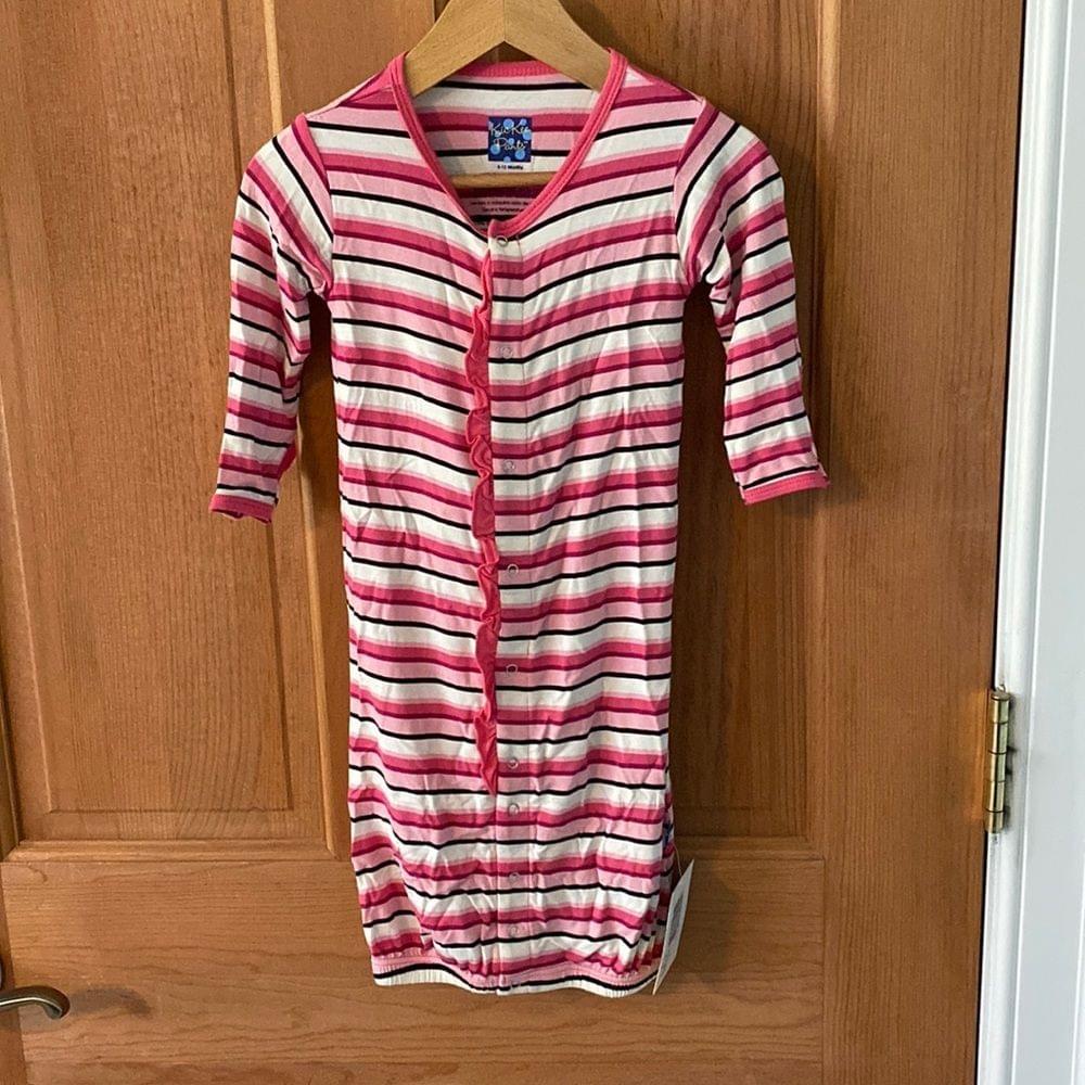 KicKee Pants Pink Girls Ruffled One Piece Striped Sleeper & Hat New 6-12 MO