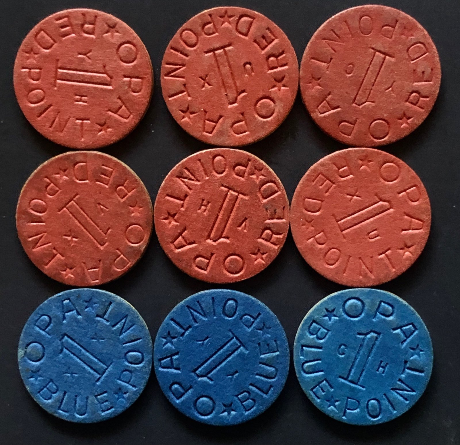 OPA 1 V U Red and Blue Point WW2 Tokens (9)