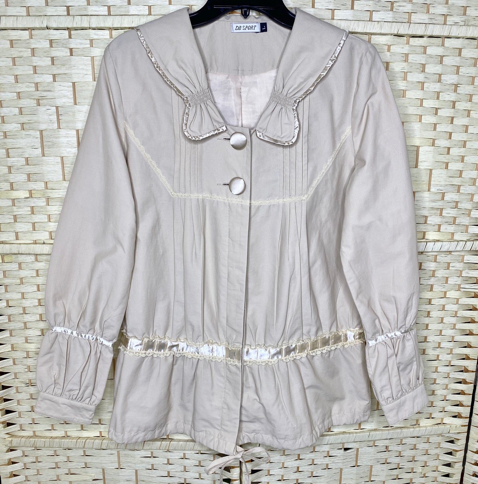 Vintage DB Sport Khaki Jacket With Lace & Satin Ribbon Size L Women's